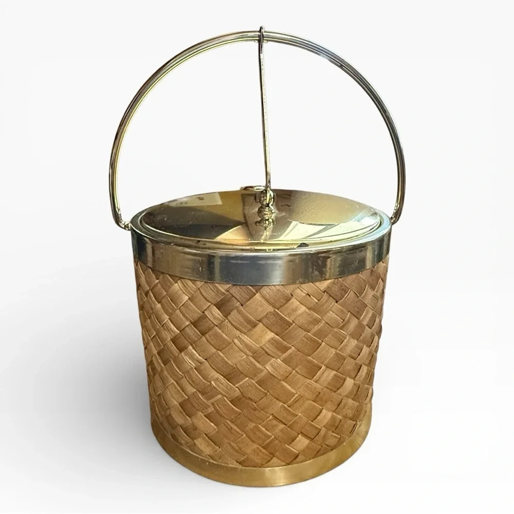 Mid Century Raffia and Gold Ice Bucket by Kraftware Co. NYC